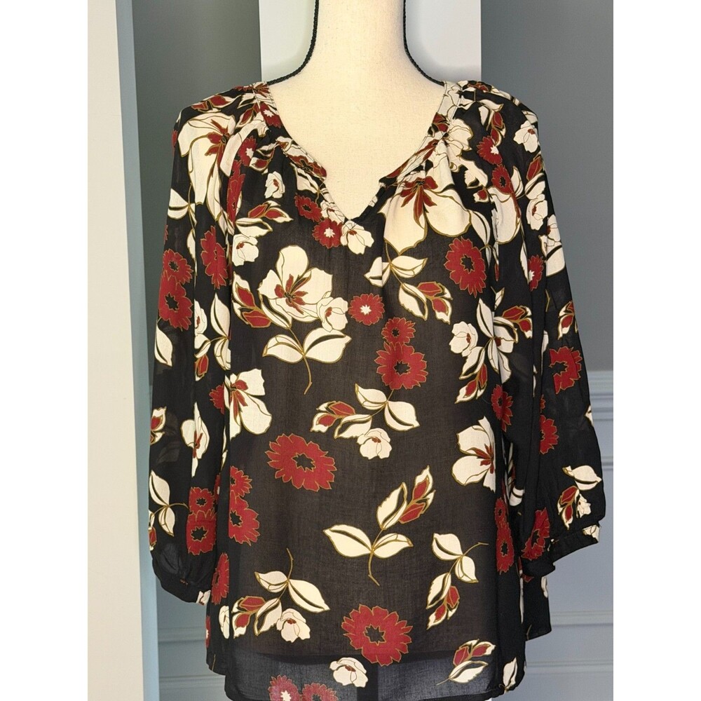 Lucky Brand Flowy V-Neck Blouse Black/Ivory/Burgundy Sz M